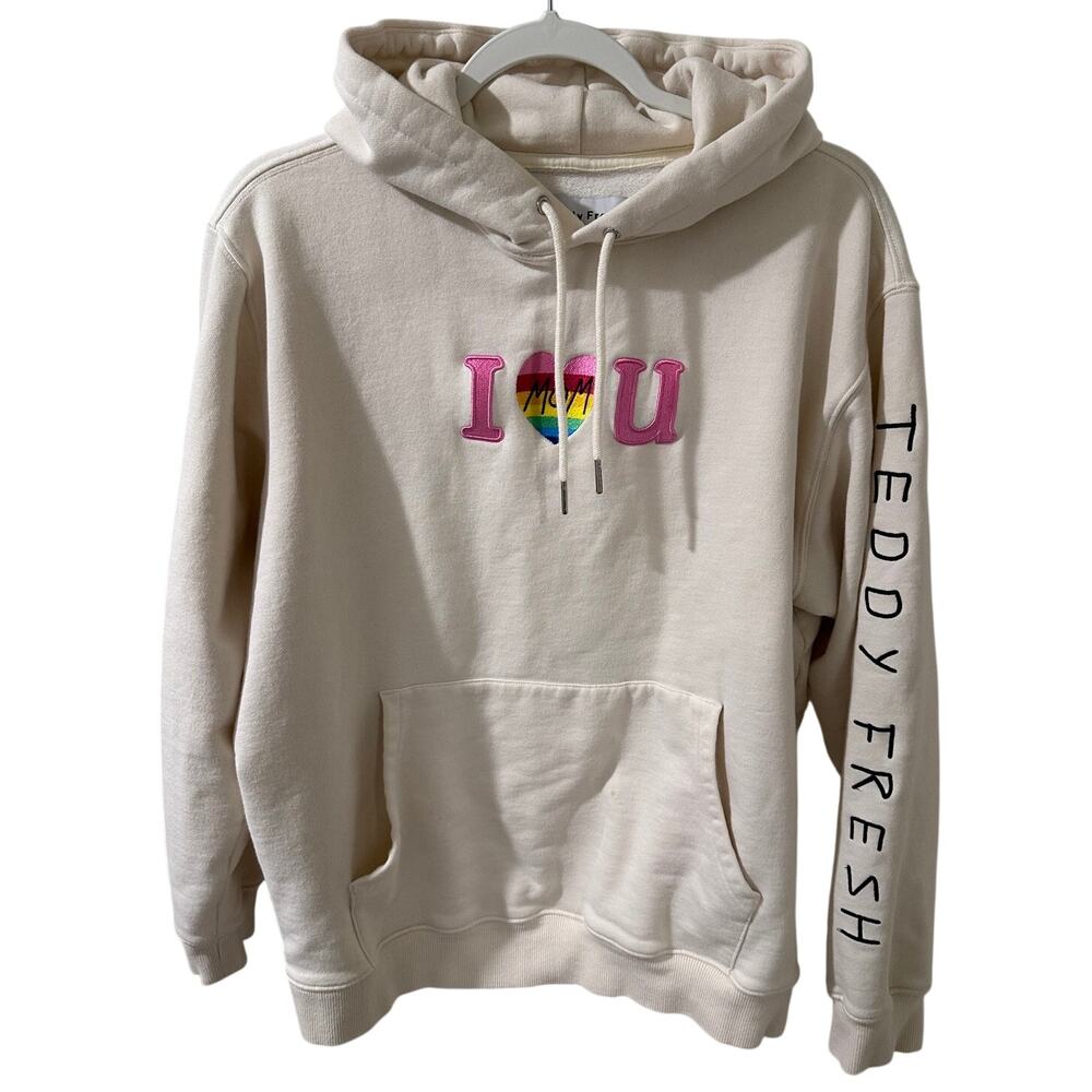 Teddy Fresh I Heart U Mom Rainbow Hoodie Cream Size L EUC Sleeve Graphic Heavy